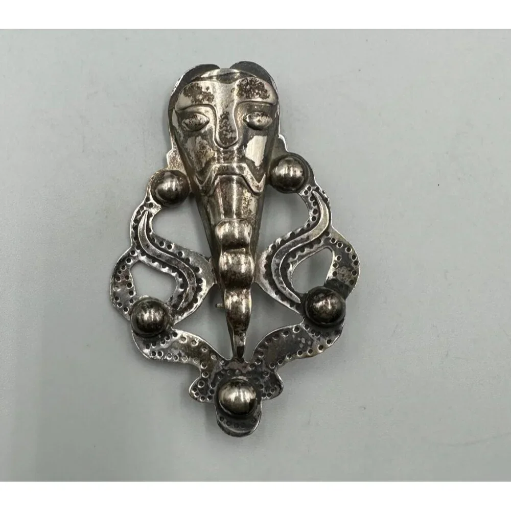 Vintage Mask Brooch Sterling Silver Tribal Face Figural Abstract Ethnic Artisan